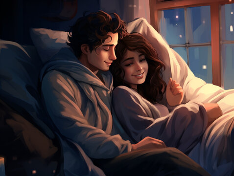A Young Couple Watching a Romantic Movie Together Cuddled Under a Blanket