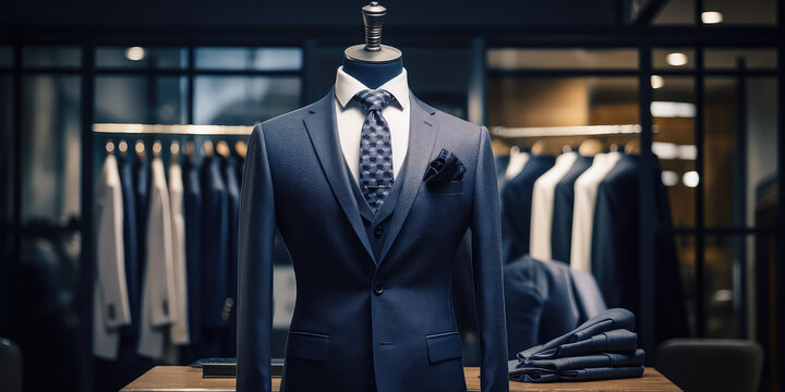 Men shirt in form of suits in dark navy blue colors on mannequin in tailoring room. Luxury banner for an expensive men's clothing and office suits store. 