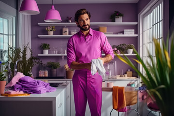 A man wearing an apron, home clothes, taking on the role of a home keeper, housewife. The concept of taking over women's roles by men. Generative Ai, Ai.