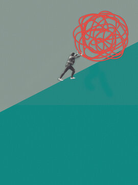Woman balancing a large red ball. Made with paper.
