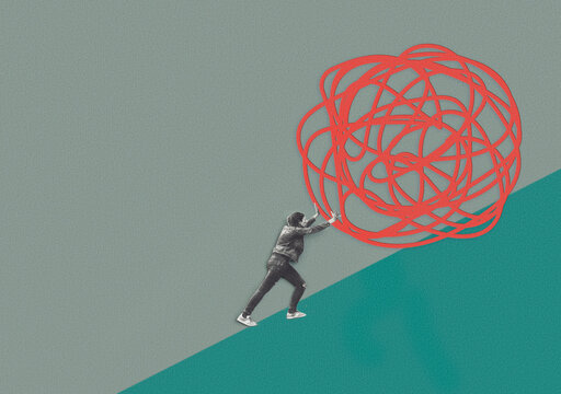 Woman balancing a large red ball. Made with paper.
