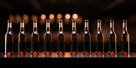 Set of Wine bottles standing in line on dark background. Creative wine dark horizontal wallpaper.