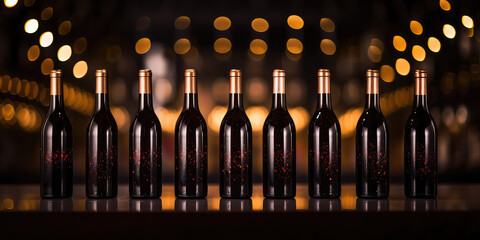 Set of Wine bottles standing in line on dark background. Creative wine dark horizontal wallpaper.