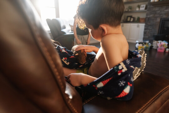 Child petting a guinea pig. 