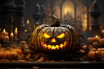 Halloween with Jack-o-lantern on a spooky background. Generative AI.
