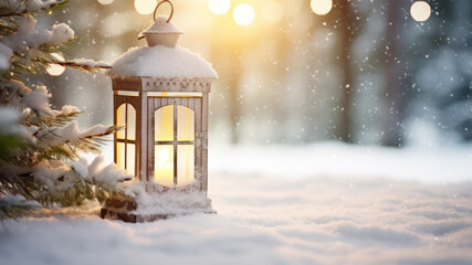 Old christmas candle lantern in snow against blurred forest background. Selective focus and shallow depth of field.