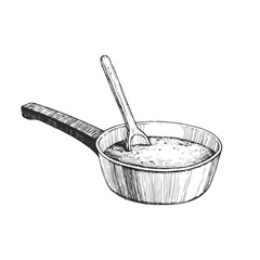Vector hand-drawn illustration of the sauce cooking process. The stage of stirring the dish in engraving style.