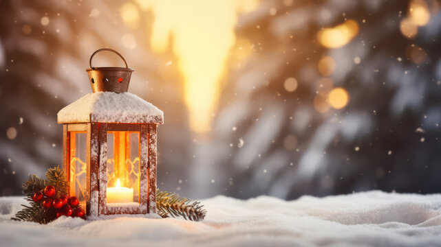 Old christmas candle lantern in snow against blurred forest background. Selective focus and shallow depth of field.