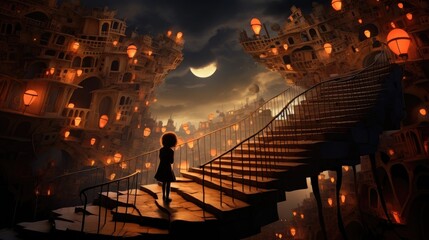 artwork of a kid walking in a fantasy city upstairs