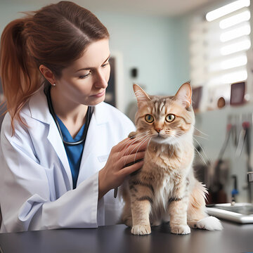 Tabby cat with female vet get examined in doctors office
