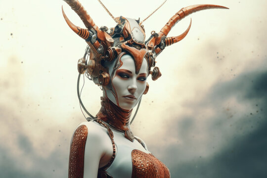Portrait of a woman in an cyber armor and helmet with horns in dystopian future - Powered by Adobe