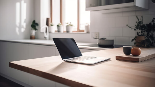 Close-up image of a laptop mockup and copy space on a table in a modern white kitchen.