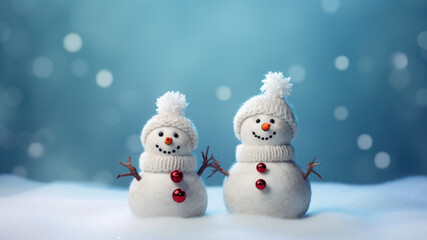 Obraz premium Two tiny snowmen in winter landscape against blue bokeh background.