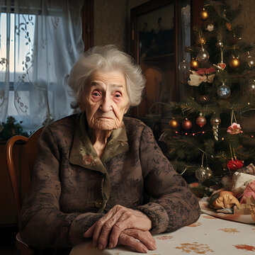 Sad old woman with white hair sitting alone on christmas in her apartment