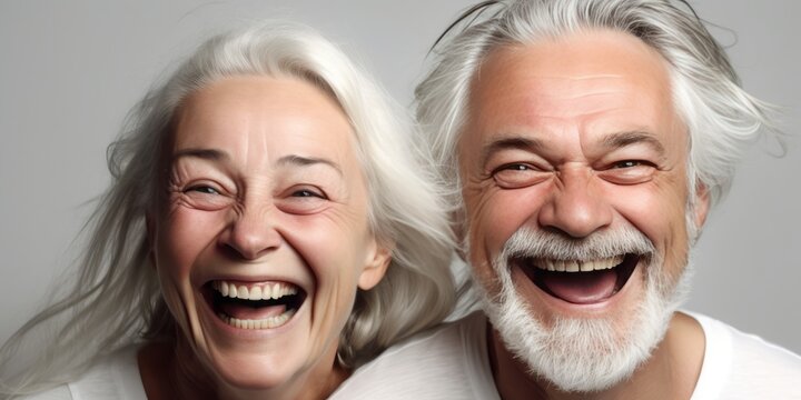 Retirement Bliss: Midage Woman and Man with White Hair Smiling Together on White Background, Embracing the Joys of Healthy and Happy Old Age Amidst Lively Expressions and Humorous Scenes