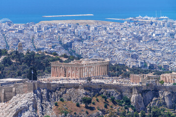 Panorama of Athens with Acropolis hill, Greece. Famous old Acropolis is top landmark of Athens. Skyline of Athens city