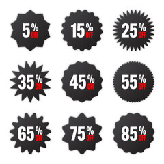 Price tags collection, special offer or shopping discount label with percent, discount percentage value. Black retail paper sticker. Promotional sale badge. Vector illustration