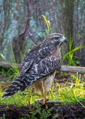 Red-shouldered hawk (Buteo lineatus) perched on a branch in the wetlands of Florida