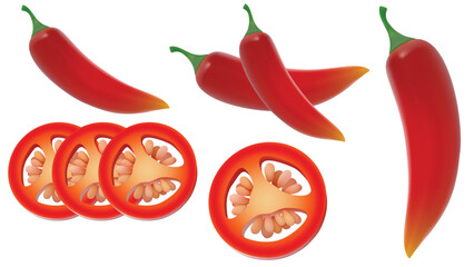 set of Red hot chili peppers with sliced pieces. Fresh organic chili pepper isolated on a white background, Realistic Red Chili, vector Illustration