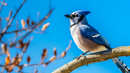 Blue Jay perched on a tree branch, AI Generative.