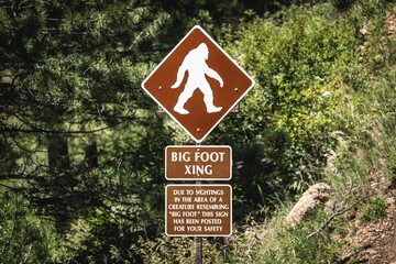 Closeup of a sign of Bigfoot in a green forest