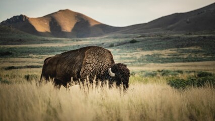 Closeup of a majestic bison standing in a vast grassy landscape Salt Lake City, Antilope Island