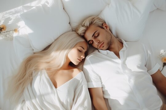 Dreamy Rest: Top-Down View of Blond Man and Woman Sleeping on Cloud-like White Bed, Enjoying Serene Summer Nights and the Blissful Comfort of Perfect Sleep for Good Dreams and Wellness