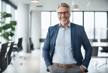 Happy middle aged CEO standing confidently in office with hands in pockets