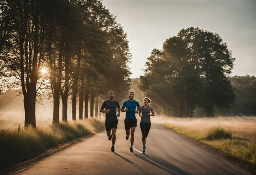 Couple of adults enjoying a morning run together, healthy lifestyle and longevity - Powered by Adobe