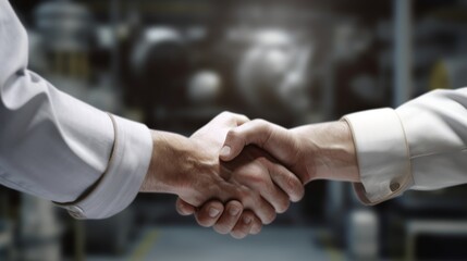 A handshake between men in white shirts in the industrial interior of a factory or enterprise. - Powered by Adobe