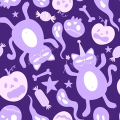 Halloween cartoon pumpkins seamless cat and skulls and ghost pattern for wrapping paper and fabrics and kids