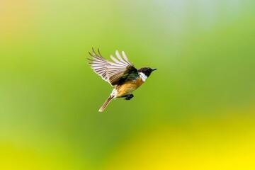 a small hummingbird flying near a green and yellow background