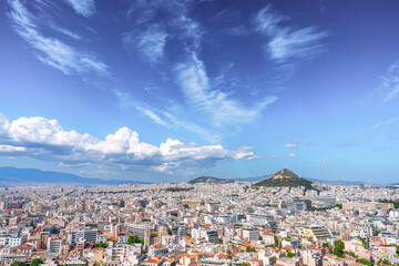 Panorama of Athens with Acropolis hill, Greece. Famous old Acropolis is top landmark of Athens....