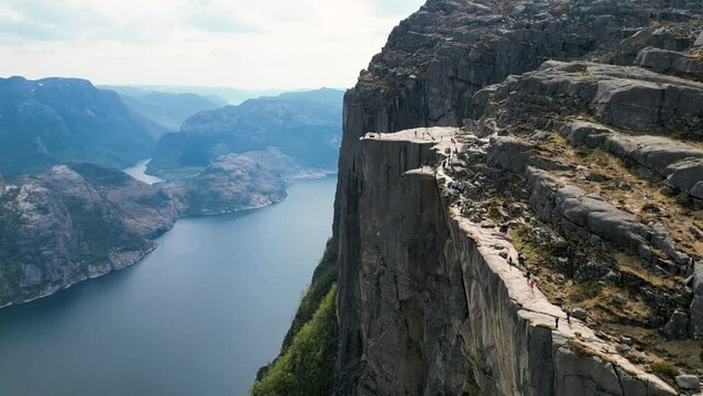 4K drone video of the dramatic Pulpit Rock in Lysefjord, Norway.