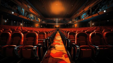 Cinema Aisle A perspective view of cinema seats - cinema themed illustration in comic style