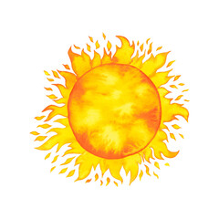 Yellow and orange bright Sun with rays watercolour illustration hand drawn isolated on white. Watercolor splash solar system.