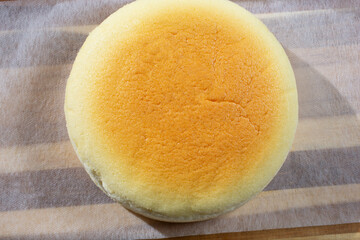 A top down view of a Japanese cheesecake.