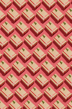 Christmas gift boxes pattern on red background