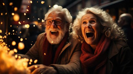 Obraz na płótnie Canvas Excited Elderly couple in a movie theater - Christmas themed stock photo