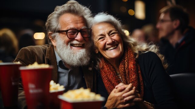 Elderly couple in a movie theather enjoying a movie - Christmas themed stock photo