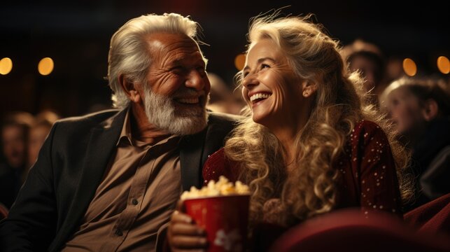 Excited Elderly couple in a movie theater - Christmas themed stock photo