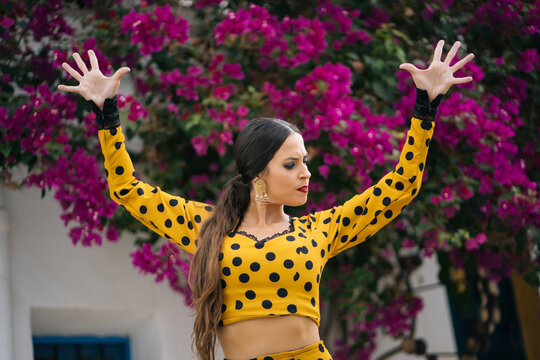 Gracious flamenco woman dancing expressively on street
