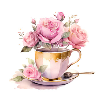 Watercolor cute cup with flowers decor illustration. Generative AI, png image.