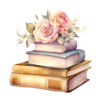 Watercolor book with flowers decor illustration. Generative AI, png image.