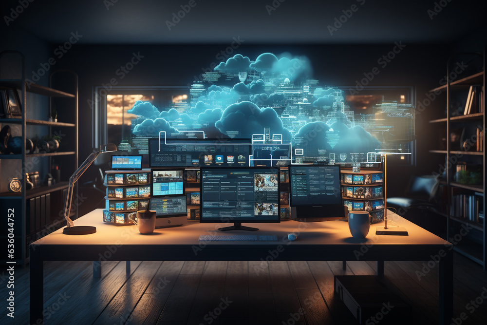 Wall mural online, cloud storage, contact, computing, tablet, phone home devices with online. linking computer 
