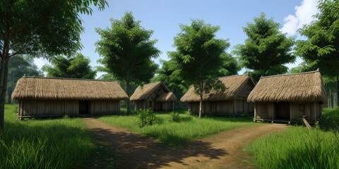 Fototapeta na wymiar Photorealistic 3D Illustration Old Village Environment In The Forest