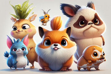 Fototapeta premium Cute animal animated on white background, cartoon style, animated expressions, quirky expressions, playful expressions. sweet, cheerful, little animals
