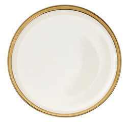 Round ceramic white plate with a gilded edge on a white isolated background, top view