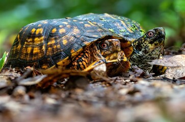 Closeup of a Male and female Box turtle on the rocky surface with a blurry background