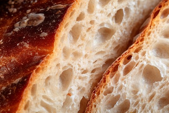a macro photo of a sourdough wheat white bread with nice crust and oxygen bubbles, slices, filling the frame.